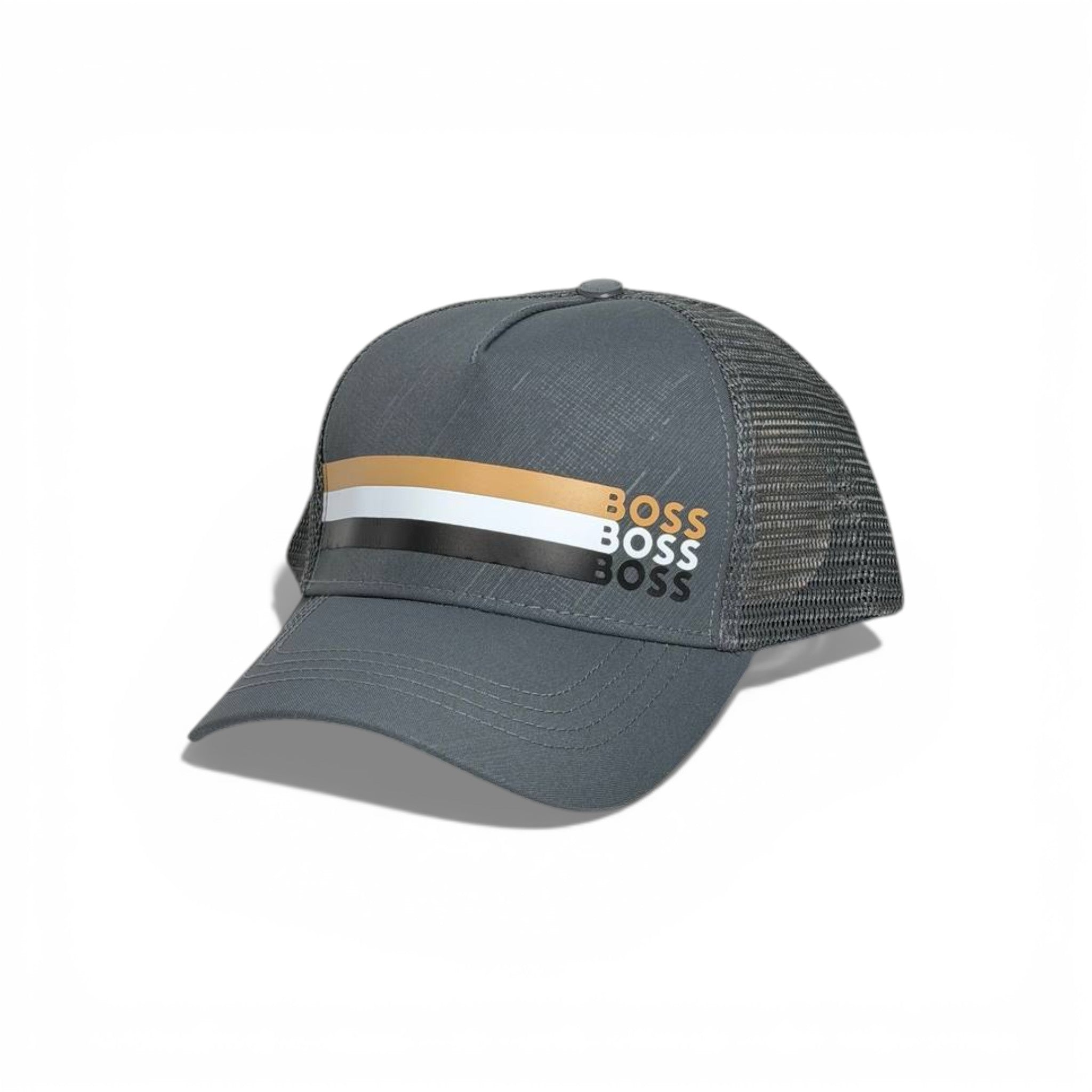 🧢 BOSS Grey Trucker Cap with Triple Logo Stripe ✨
