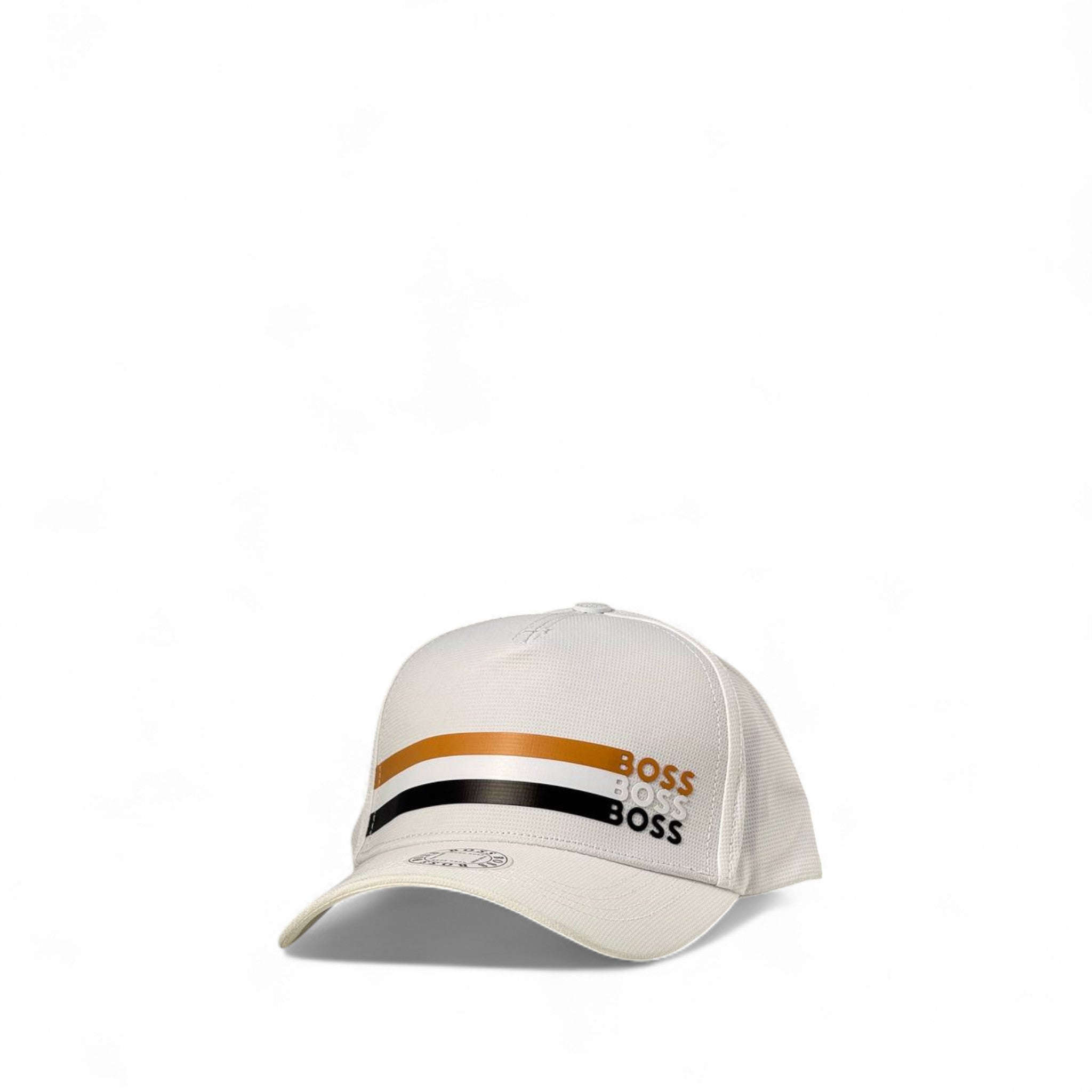 🤍 BOSS Triple Logo Cap – White with Gold & Black Stripes 🧢