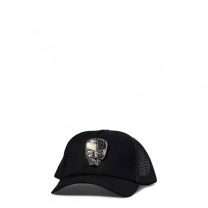 💀 Philipp Plein Skull Cap – All Black Trucker with Chrome Skull Emblem 🧢