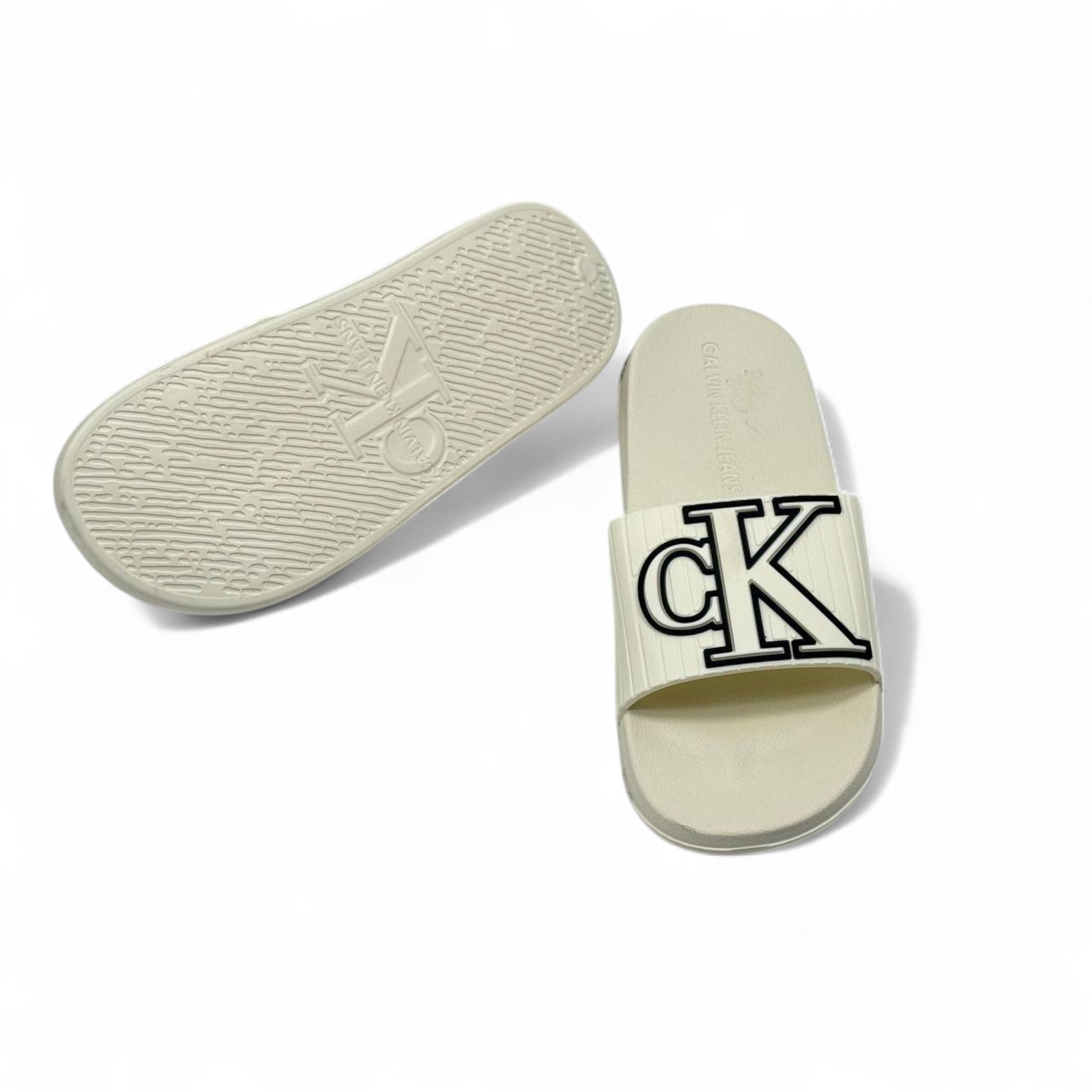 Calvin Klein Jeans CK Slides – Cream Embossed Elegance 🤍🖤