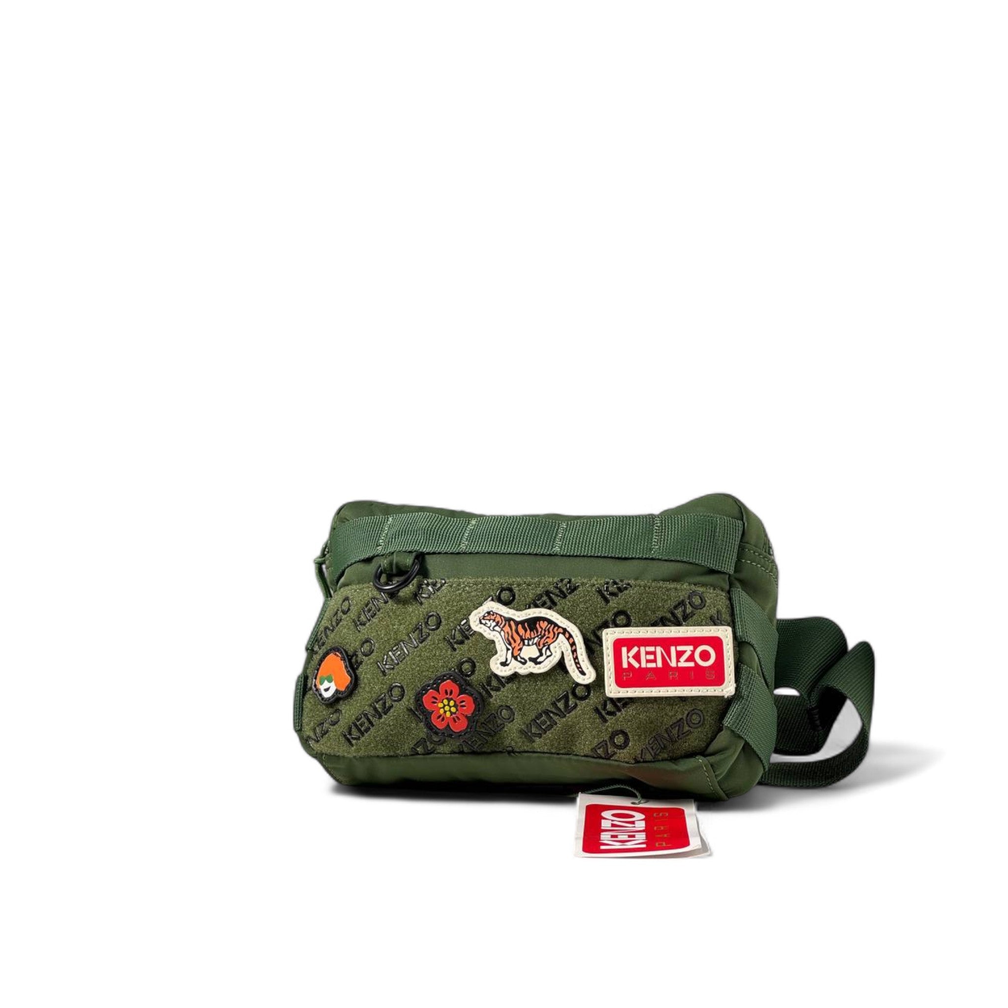 🌿 Kenzo Jungle Patch Belt Bag – Green Monogram with Tiger & Flower 🐯🌺