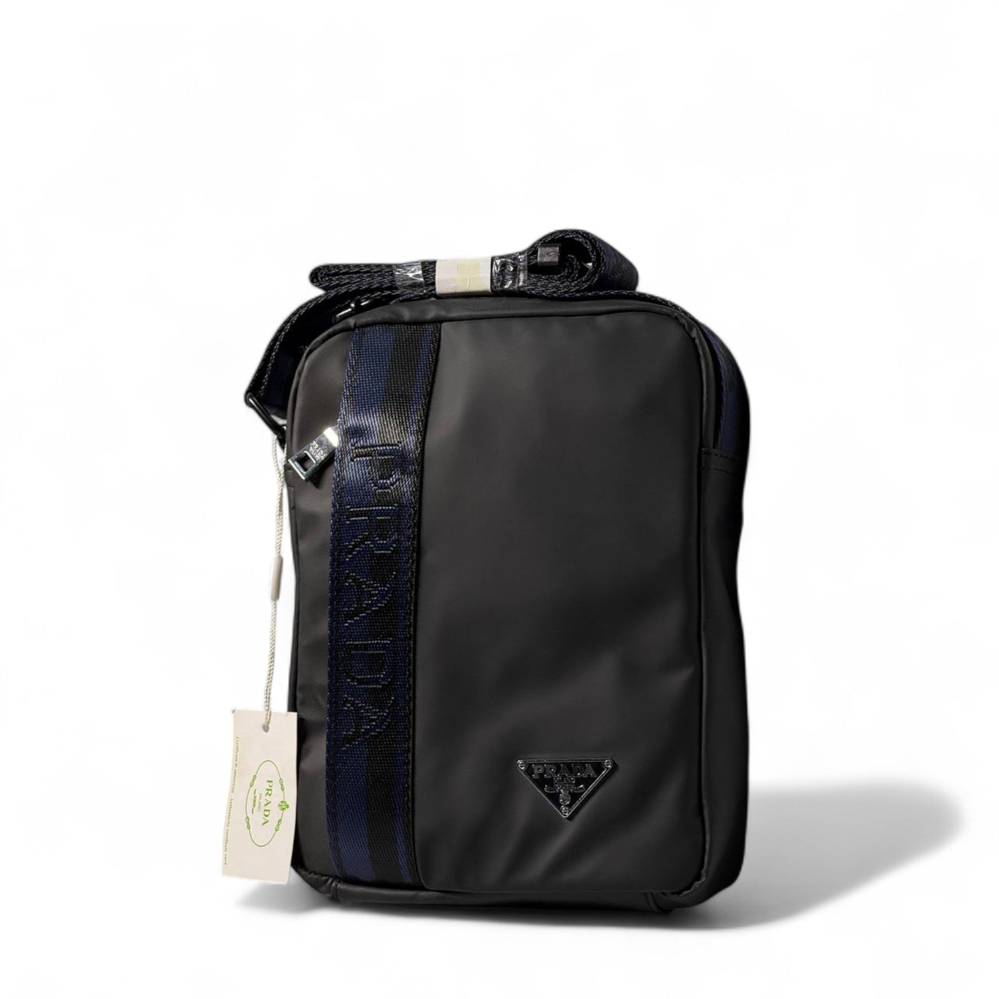 🖤 PRADA Vertical Crossbody Bag – Black with Embossed Logo Strap 🎒✨