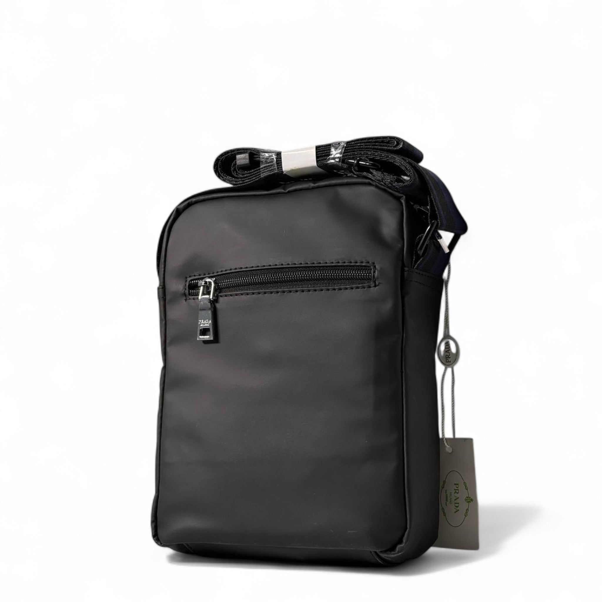 🖤 PRADA Vertical Crossbody Bag – Black with Embossed Logo Strap 🎒✨