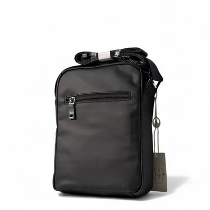 🖤 PRADA Vertical Crossbody Bag – Black with Embossed Logo Strap 🎒✨