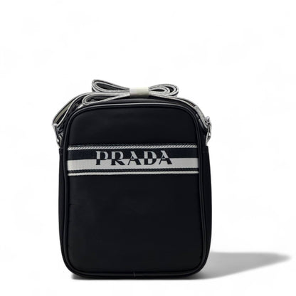 🖤 PRADA Vertical Crossbody Bag – Black with White Monochrome Logo Stripe ⚪