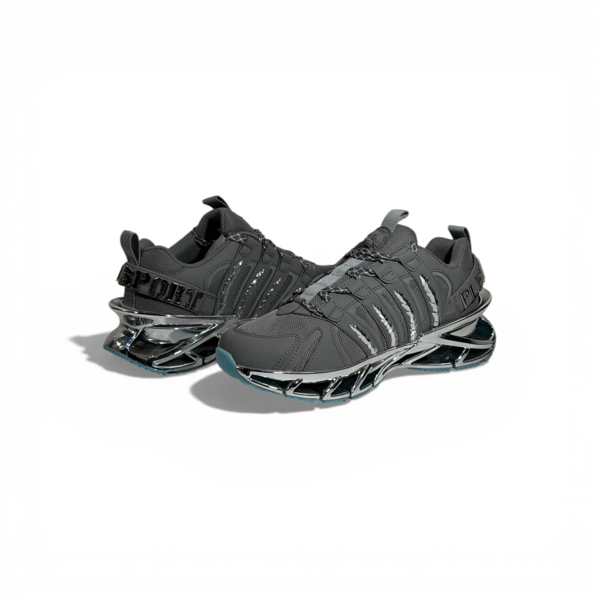 ⚡👟 Philipp Plein Futuristic Sneakers – Grey with Chrome Sole Statement 💎🔥