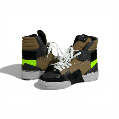 👟 Philipp Plein Khaki Neon High-Top Sneakers – Urban Luxury Edge ⚡💚