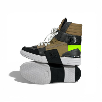 👟 Philipp Plein Khaki Neon High-Top Sneakers – Urban Luxury Edge ⚡💚