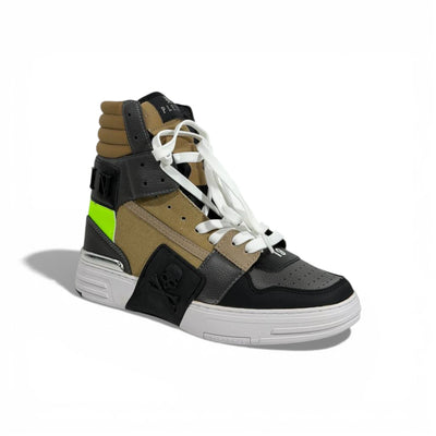 👟 Philipp Plein Khaki Neon High-Top Sneakers – Urban Luxury Edge ⚡💚