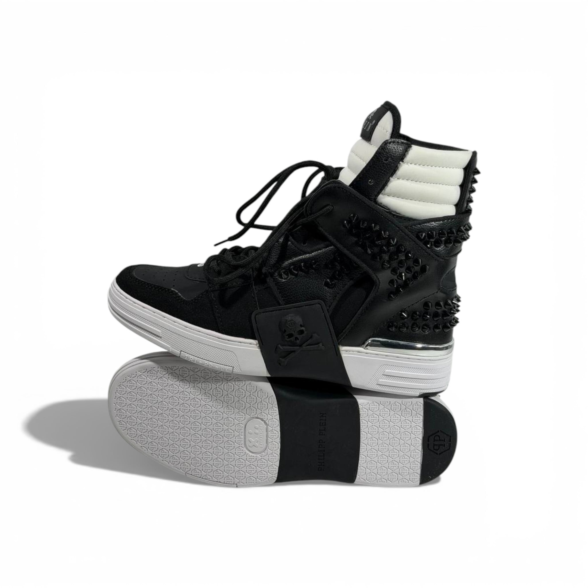 👟 Philipp Plein Black & White Studded High-Top Sneakers – Bold Luxury Statement 🖤🤍🔥
