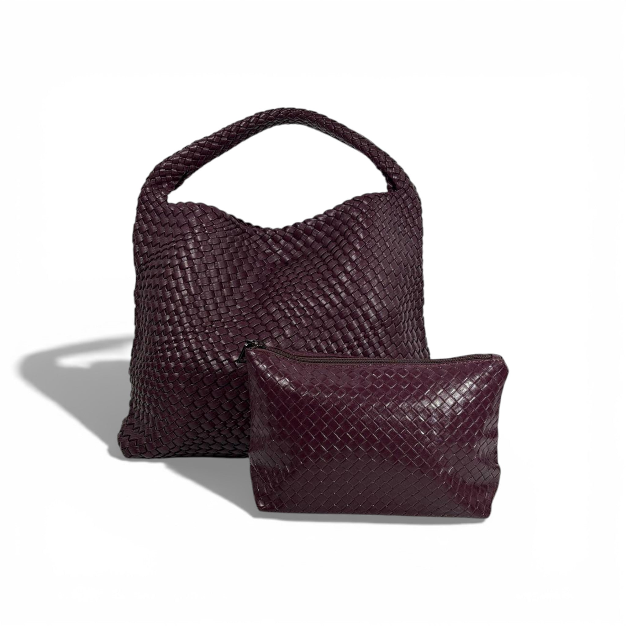 👜 Bottega-Inspired Burgundy Woven Hobo Bag with Matching Pouch – Luxury Set 🍷✨