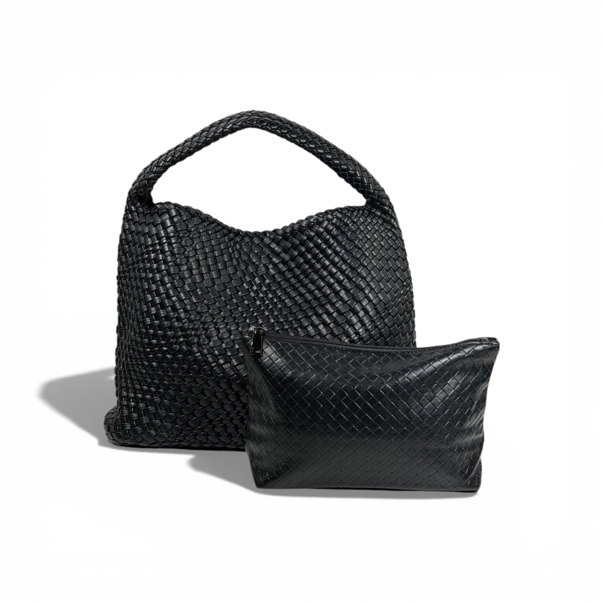 🖤 Bottega-Inspired Black Woven Hobo Bag with Matching Pouch – Timeless Luxury Set ✨