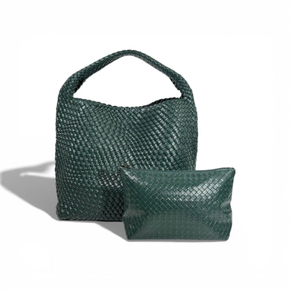 💚 Bottega-Inspired Green Woven Hobo Bag with Matching Pouch – Elegant Statement Set ✨