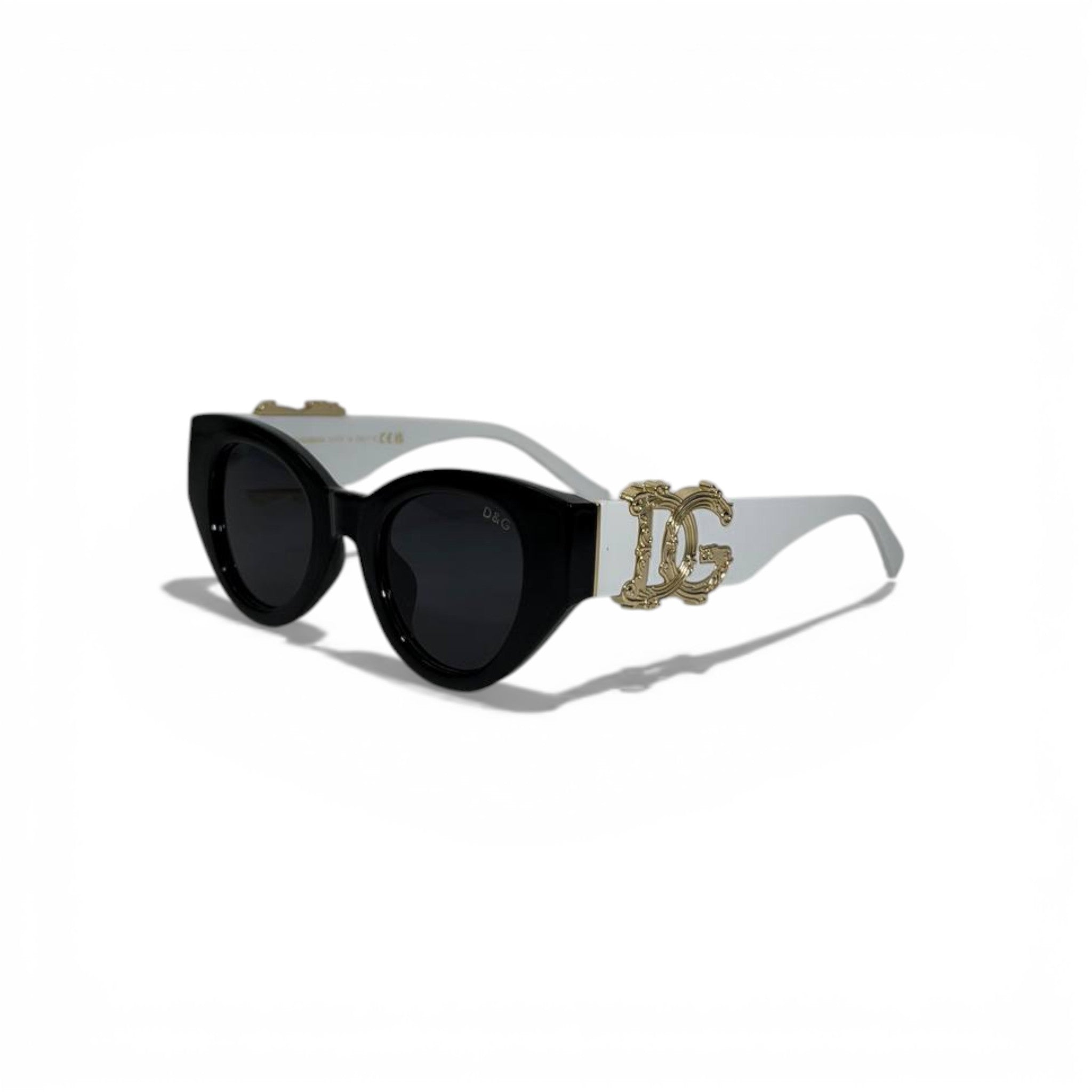 DOLCE GABBANA Black Cat Eye Sunglasses White Frame Gold Logo 🖤🤍✨😎