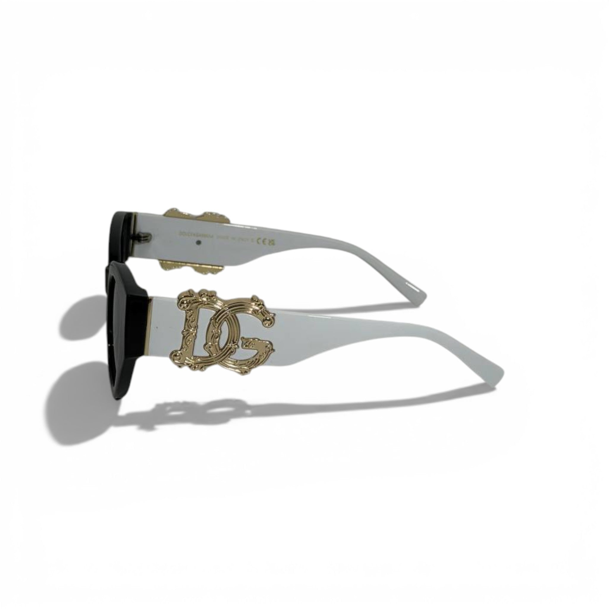 DOLCE GABBANA Black Cat Eye Sunglasses White Frame Gold Logo 🖤🤍✨😎