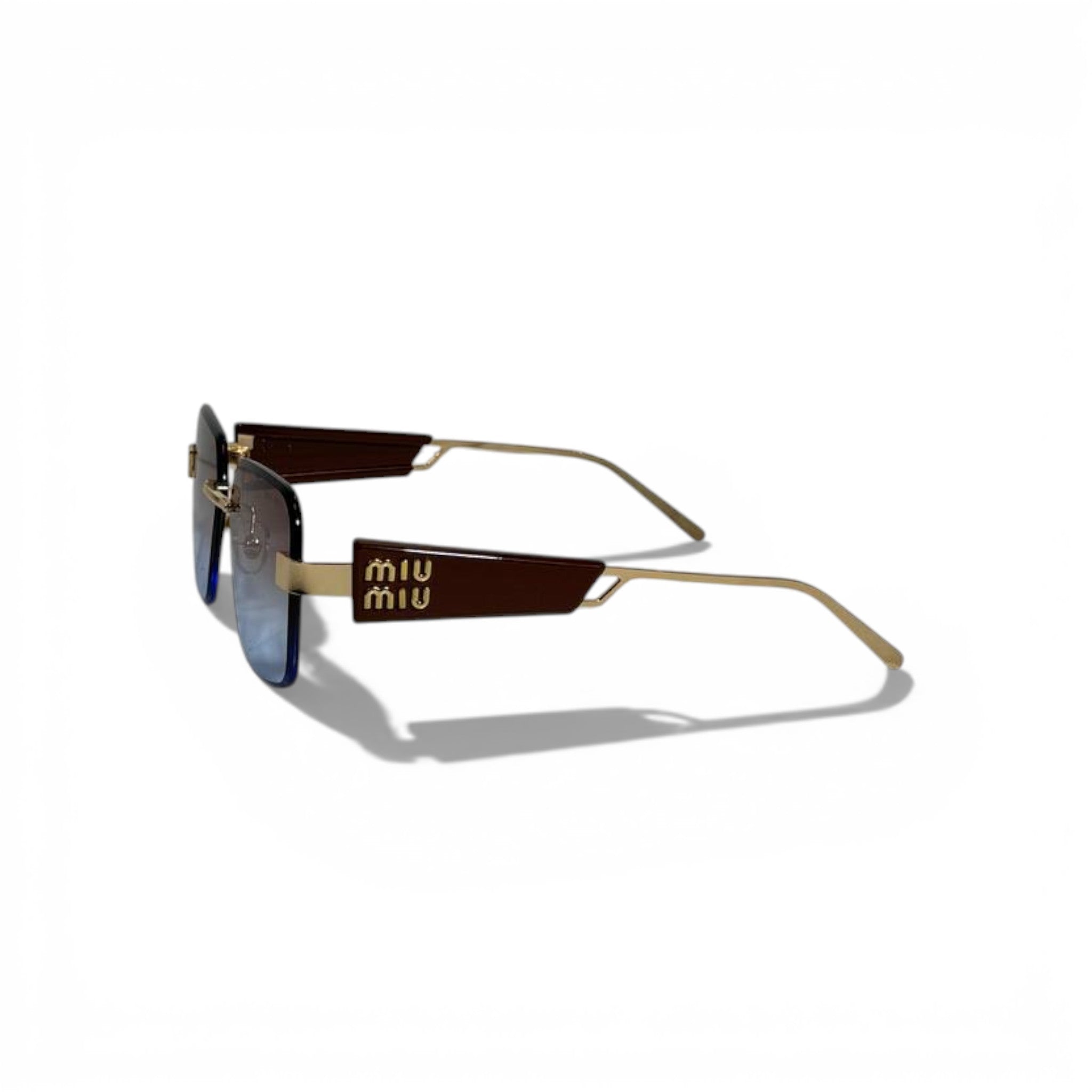 🤎 MIU MIU Rimless Square Sunglasses – Brown Temples & Blue Gradient Lenses | Luxury Designer Eyewear 🤎