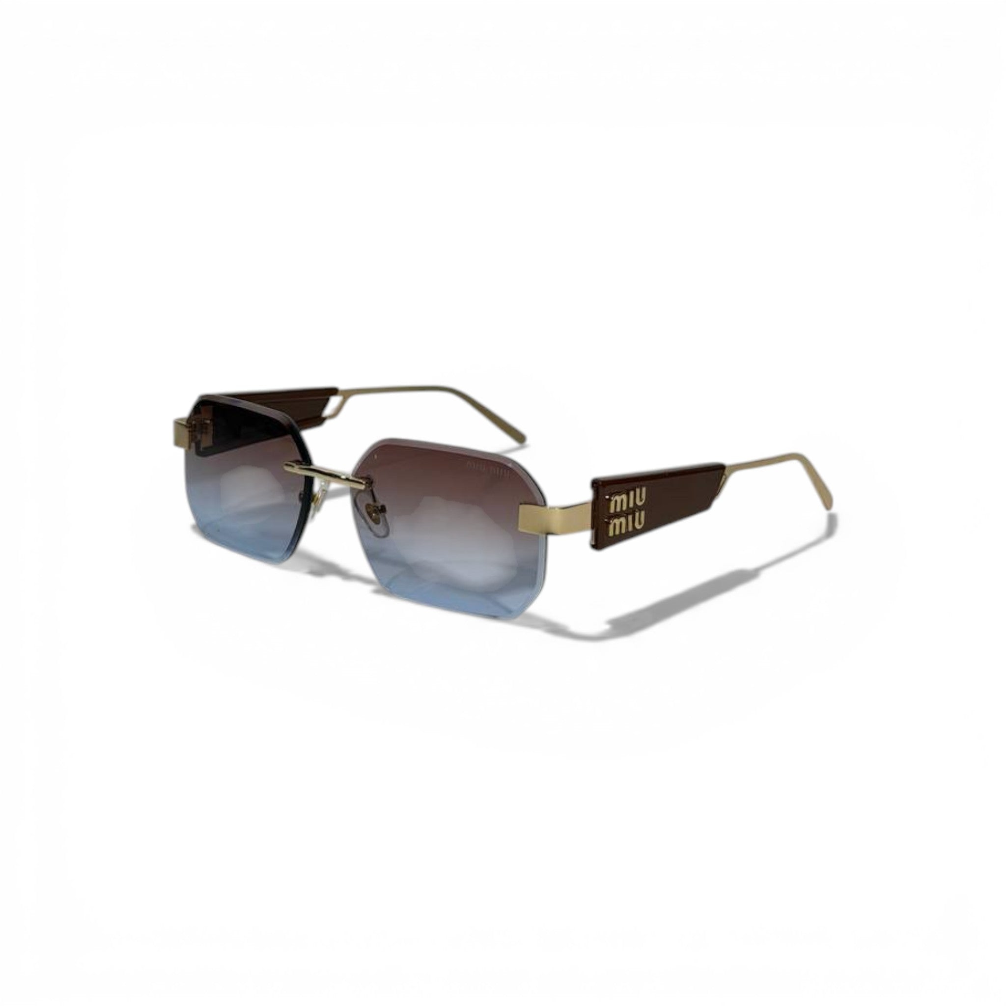 🕶️ Miu Miu Luxury Rimless Square Sunglasses – Brown & Blue Gradient | Iconic Logo Temples