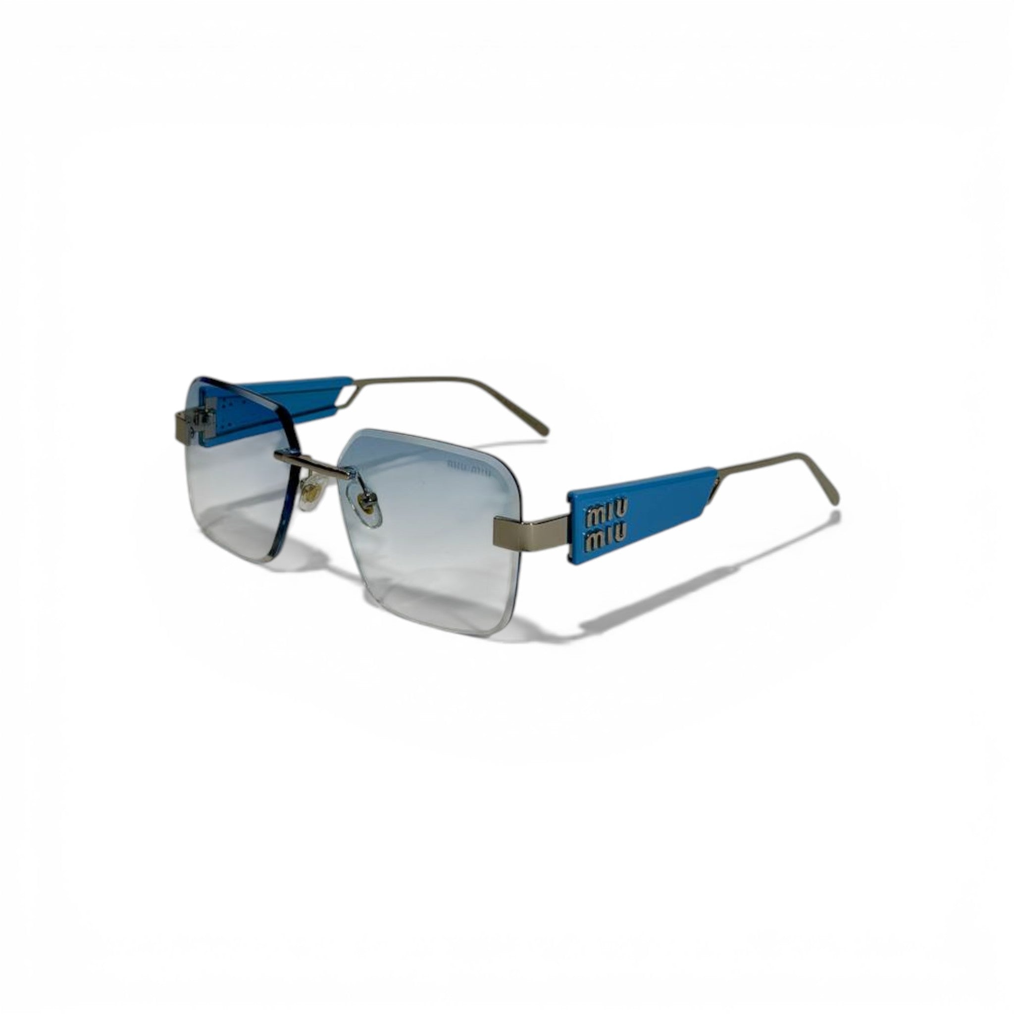 🕶️ Miu Miu Rimless Square Sunglasses – Blue Gradient Lenses | Bold MIU MIU Logo Temples