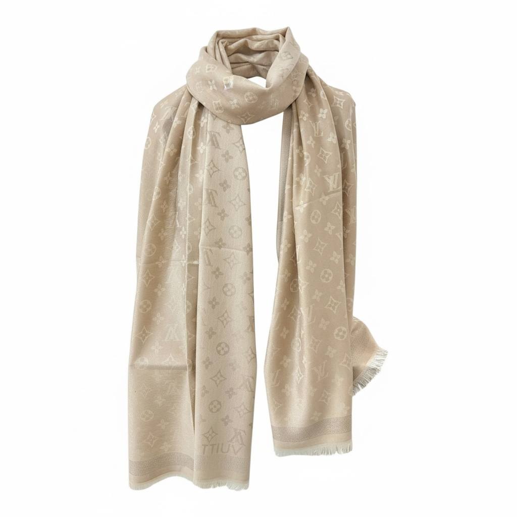 🤍✨ Louis Vuitton Light Beige Monogram Scarf – Soft Luxury Everyday Essential 🧣🔥