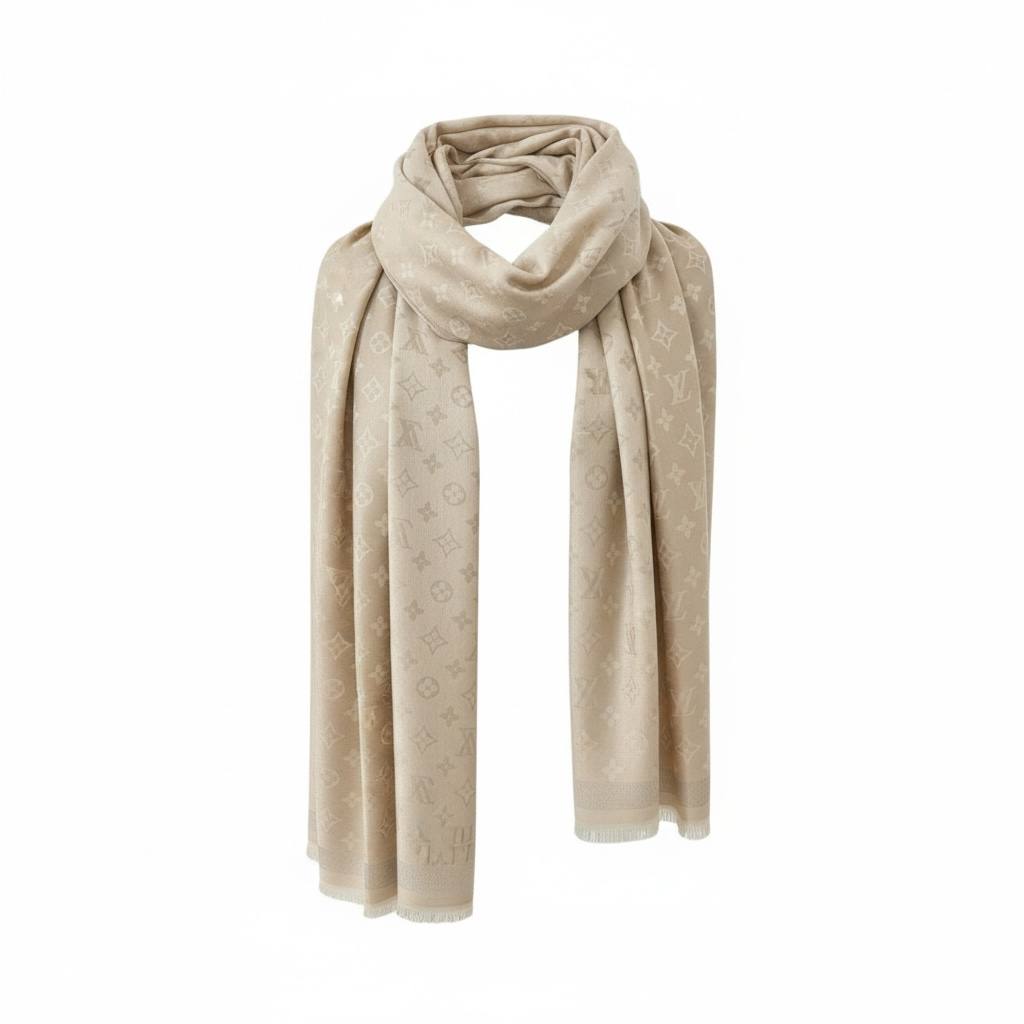 🤍✨ Louis Vuitton Light Beige Monogram Scarf – Soft Luxury Everyday Essential 🧣🔥
