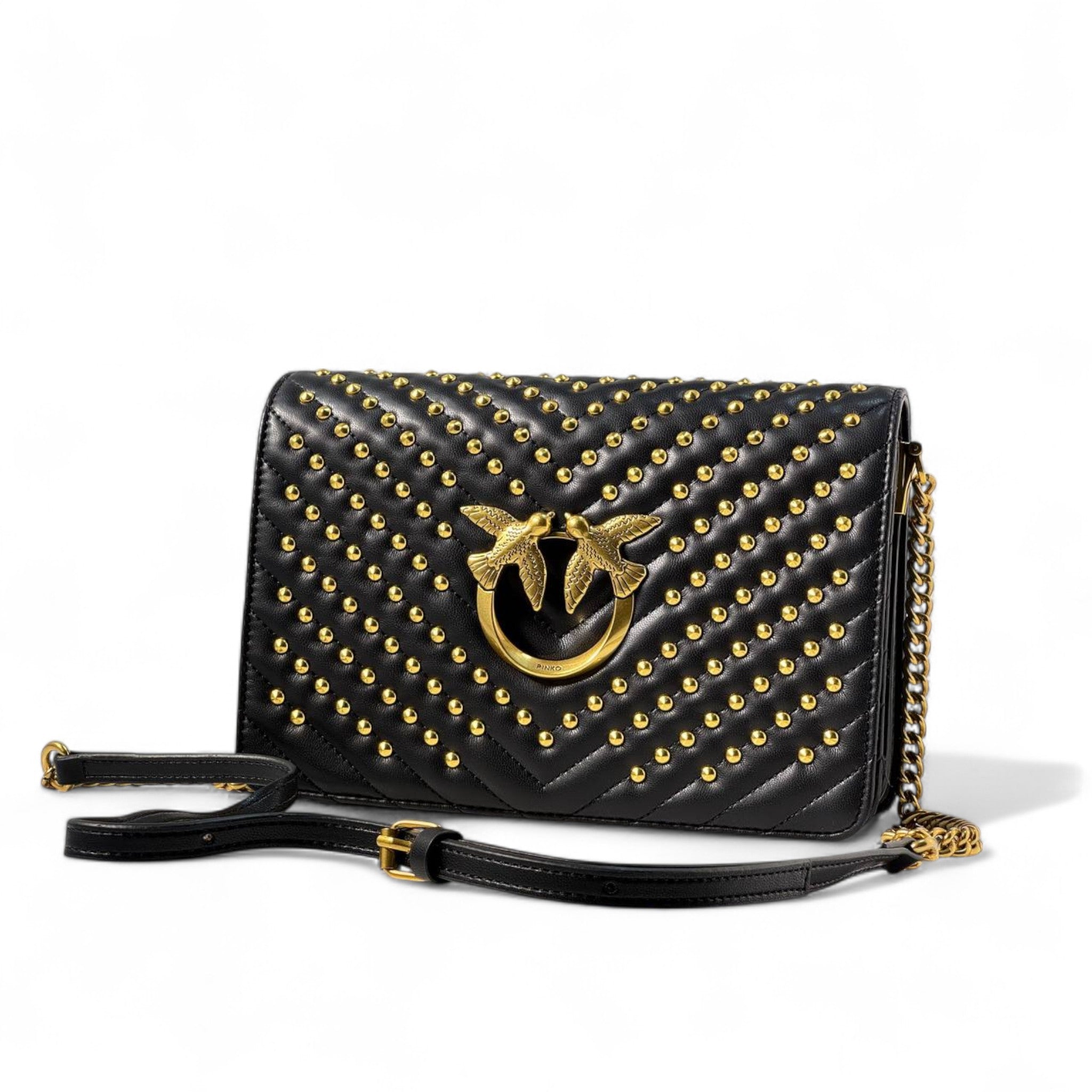 Pinko Black Quilted Love Bag 🖤✨ – Gold Stud Glam with Signature Elegance