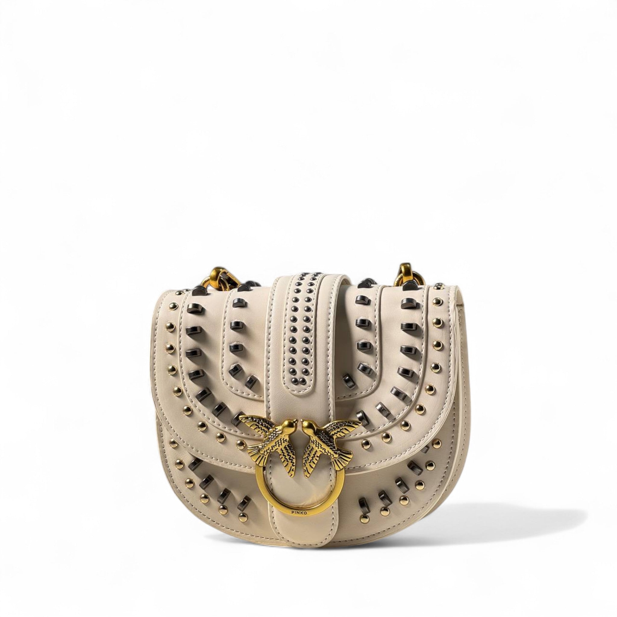 Pinko Ivory Studded Saddle Bag 🤍🐦 – Boho Luxe with Golden Edge