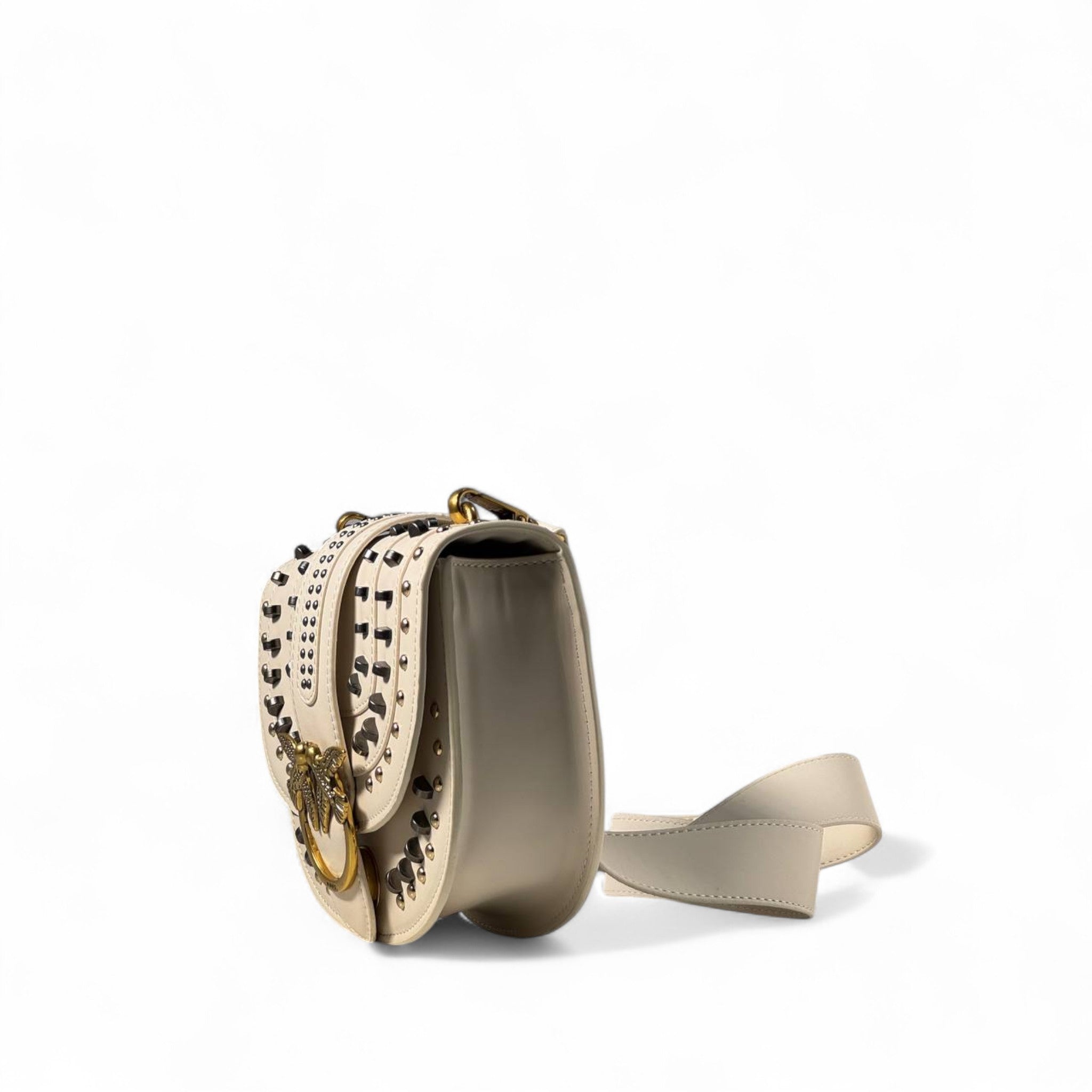 Pinko Ivory Studded Saddle Bag 🤍🐦 – Boho Luxe with Golden Edge