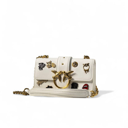Pinko White Patch Love Bag 🤍🏍️ – Rebel Chic with a Golden Heart