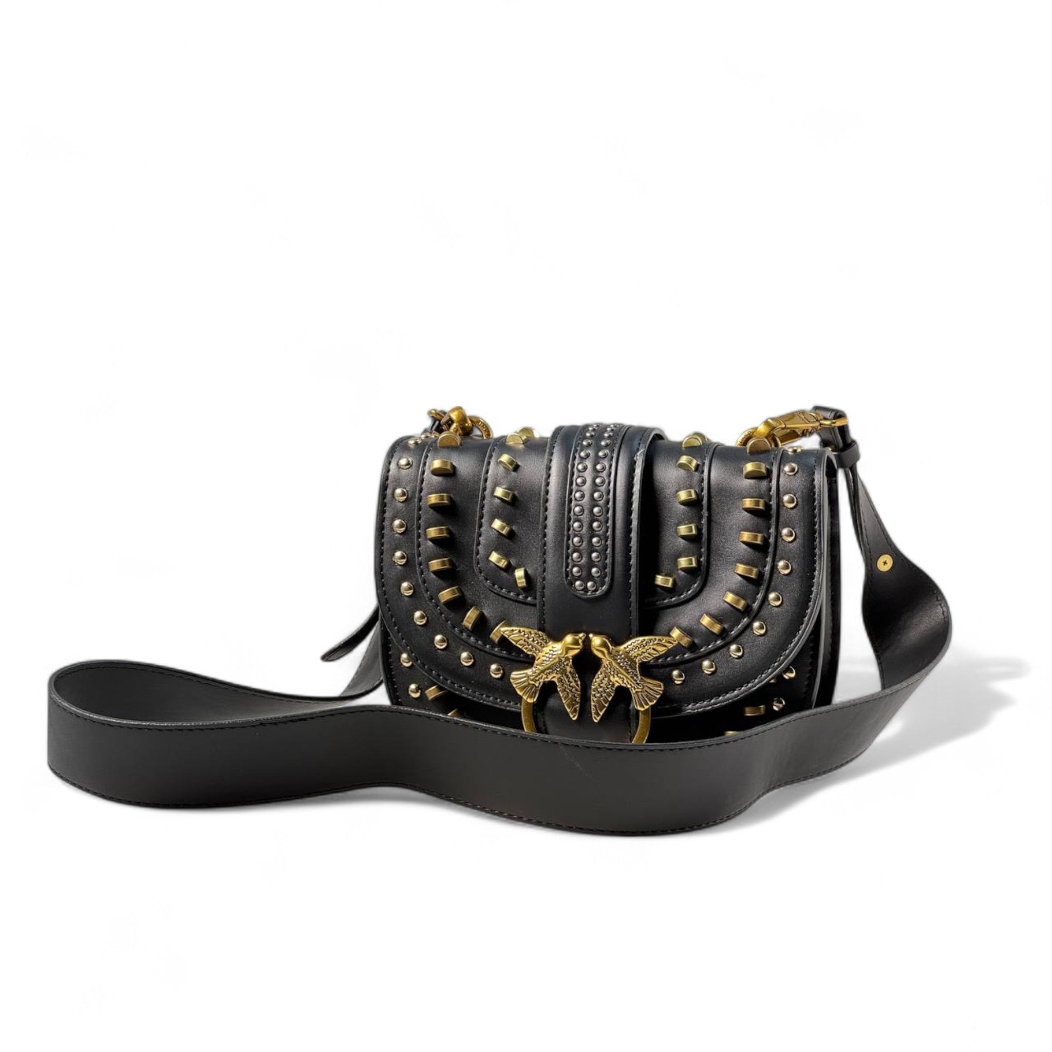 Pinko Black Studded Saddle Bag 🖤⚡ – Rock-Chic Power with Golden Edge