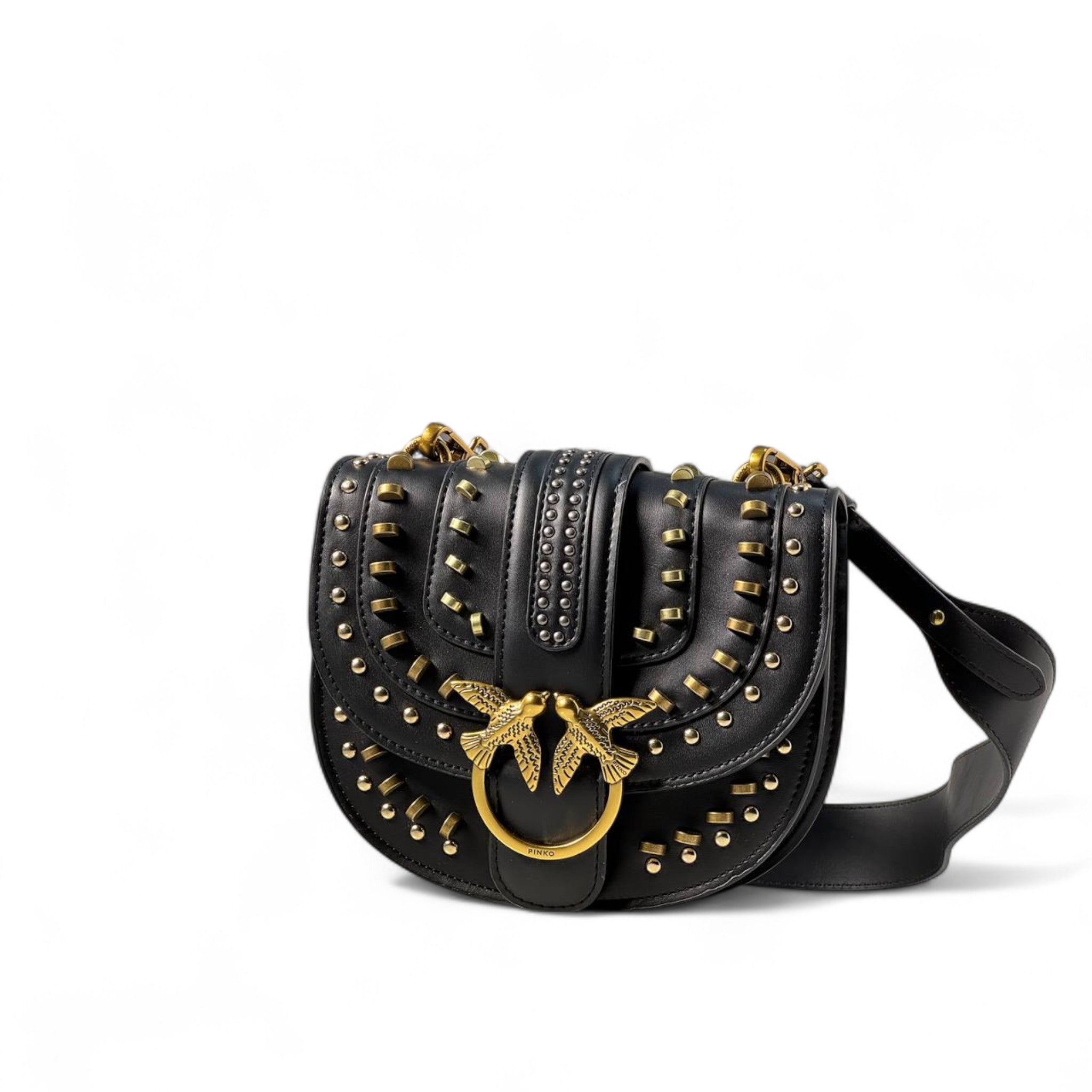 Pinko Black Studded Saddle Bag 🖤⚡ – Rock-Chic Power with Golden Edge