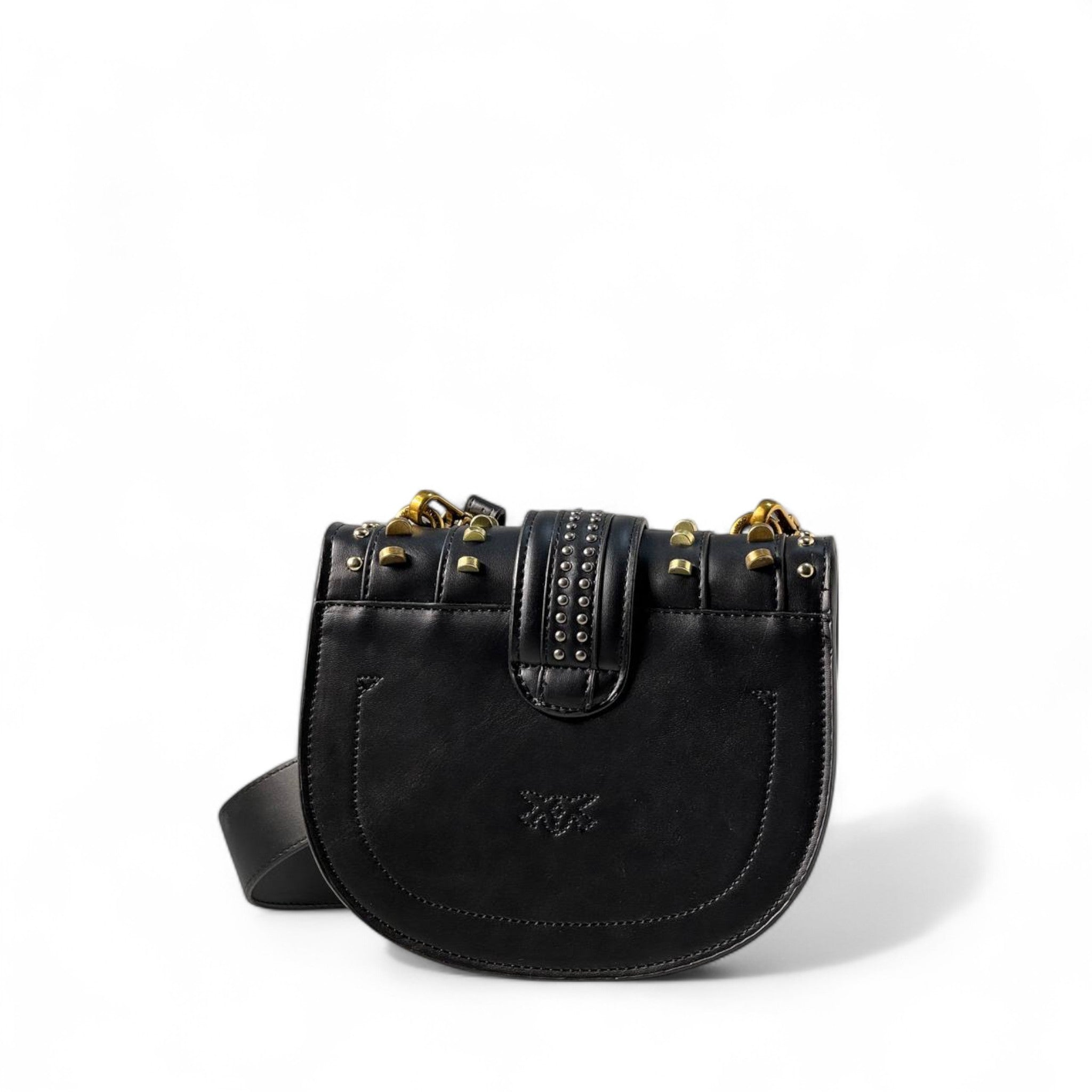 Pinko Black Studded Saddle Bag 🖤⚡ – Rock-Chic Power with Golden Edge