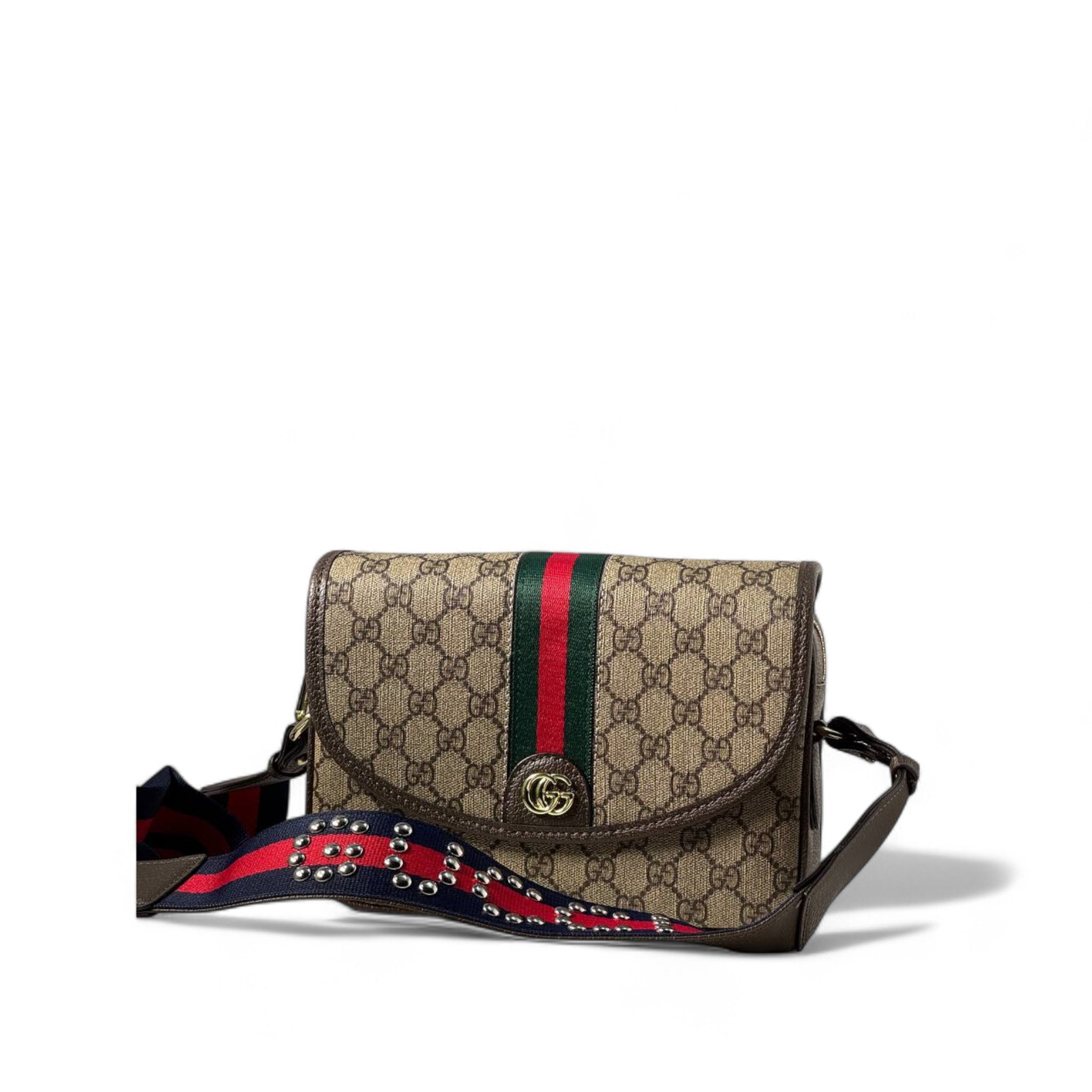 Gucci Ophidia GG Supreme Shoulder Bag – Red & Green Studded Strap 💎🟢🔴