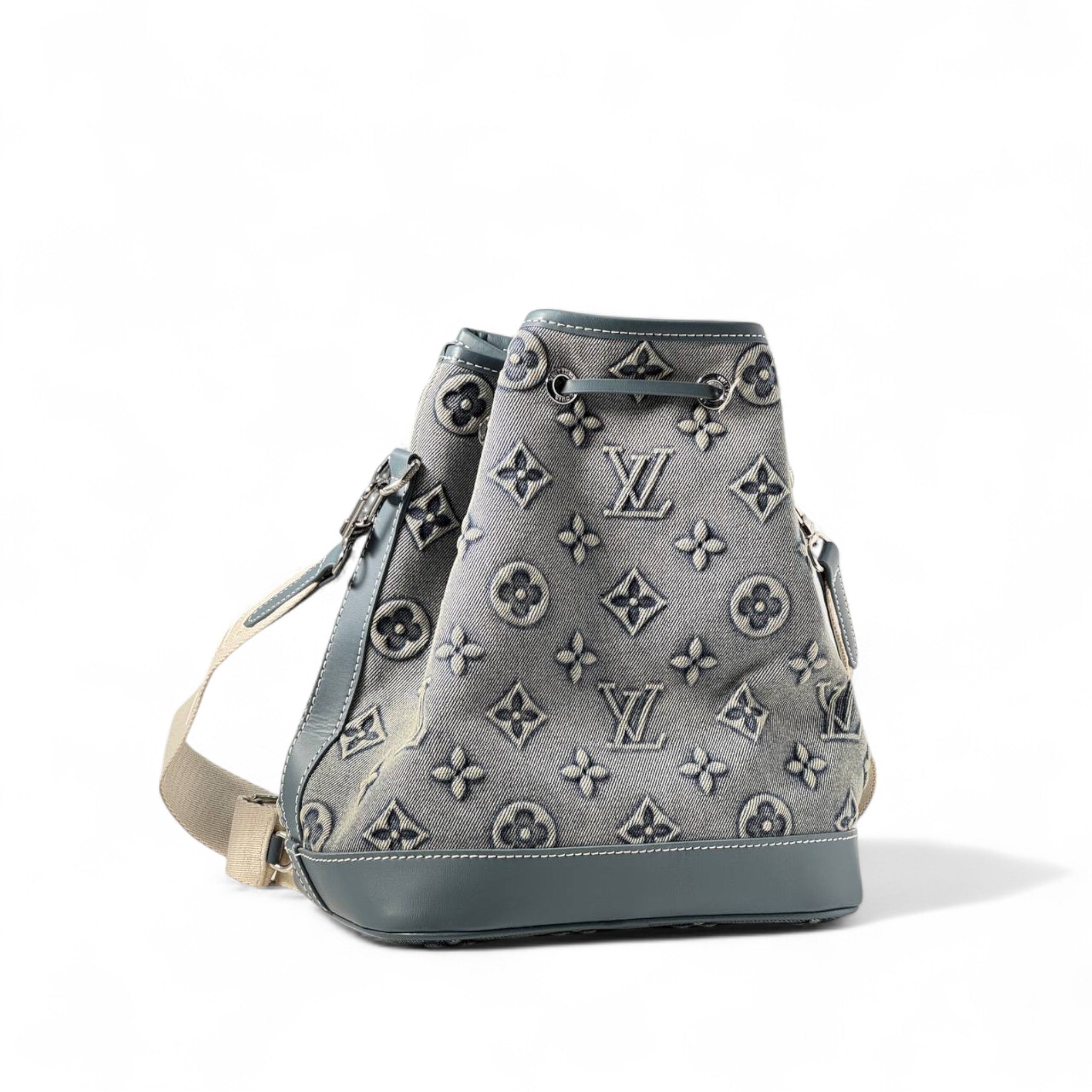 Louis Vuitton Monogram Denim Bucket Backpack – Grey & Blue Leather Trim 🖤🎒
