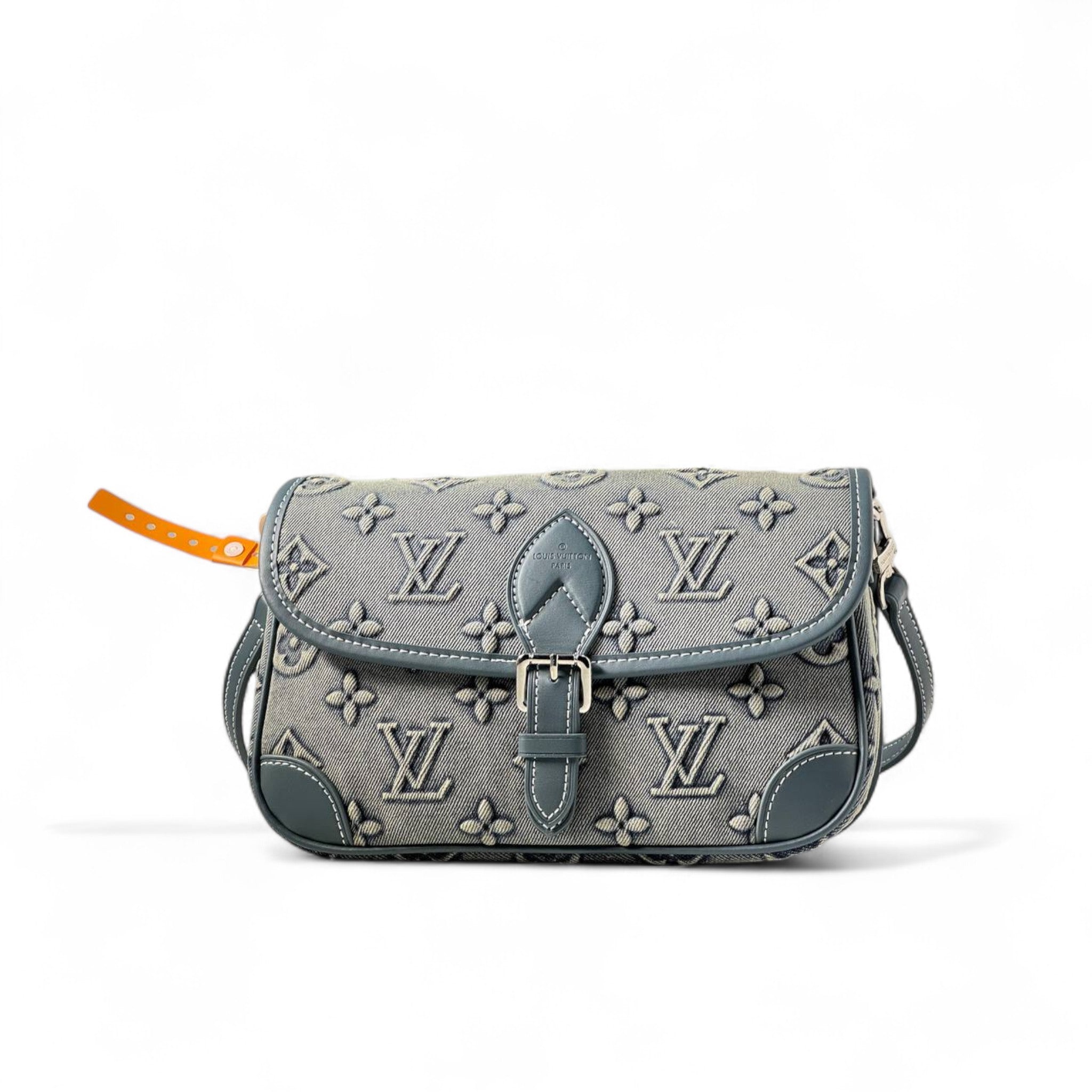 Louis Vuitton Monogram Denim Buckle Bag – Washed Grey & Blue Leather Trim 🖤🔒