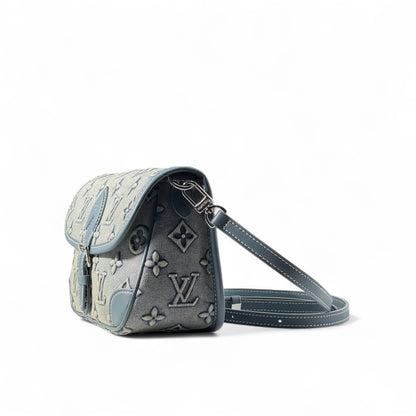 Louis Vuitton Monogram Denim Buckle Bag – Washed Grey & Blue Leather Trim 🖤🔒