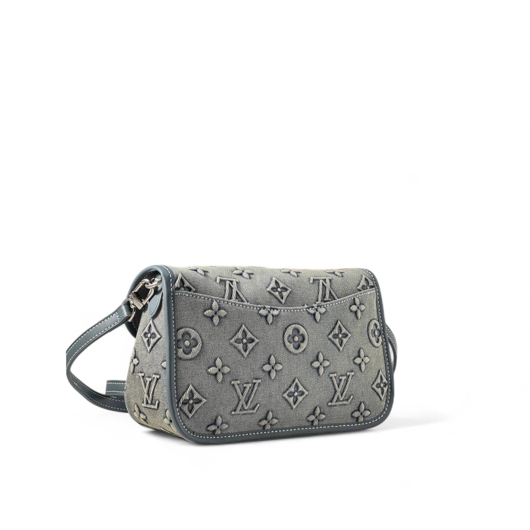 Louis Vuitton Monogram Denim Buckle Bag – Washed Grey & Blue Leather Trim 🖤🔒