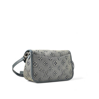 Louis Vuitton Monogram Denim Buckle Bag – Washed Grey & Blue Leather Trim 🖤🔒