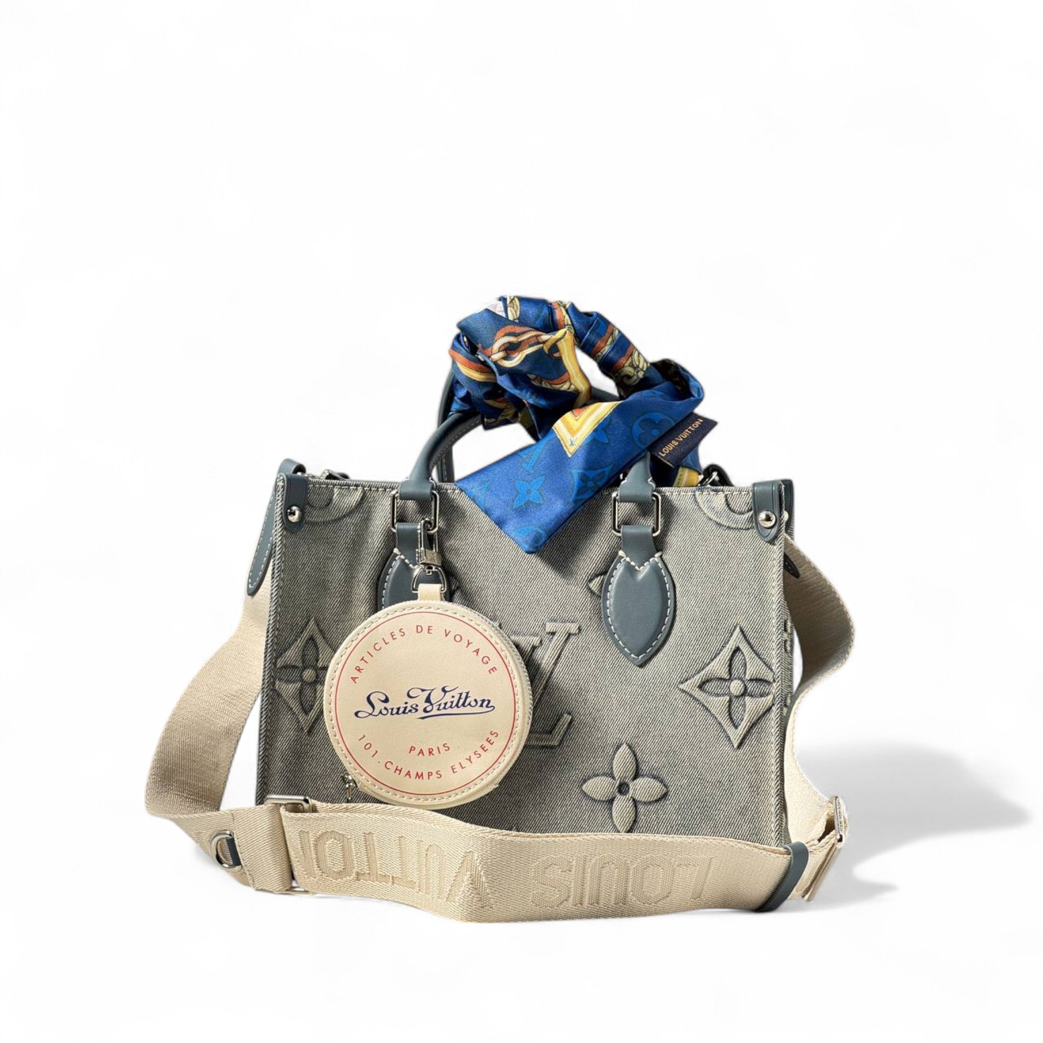 Louis Vuitton Monogram Denim Tote – Beige with Scarf & Champs-Élysées Charm 🧵🎀
