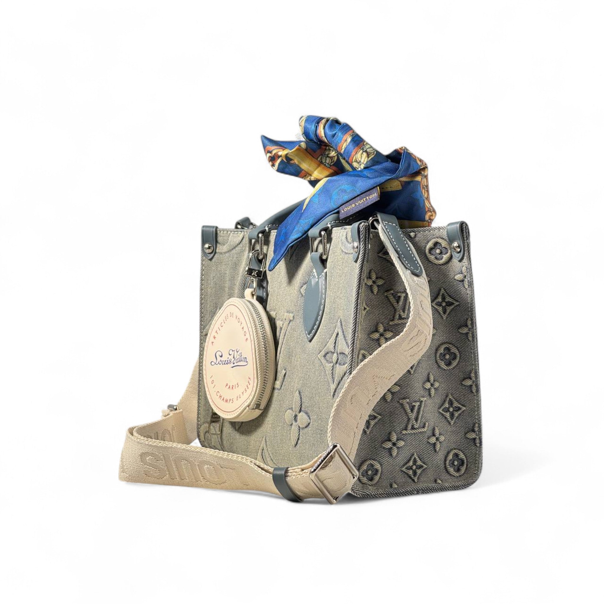 Louis Vuitton Monogram Denim Tote – Beige with Scarf & Champs-Élysées Charm 🧵🎀