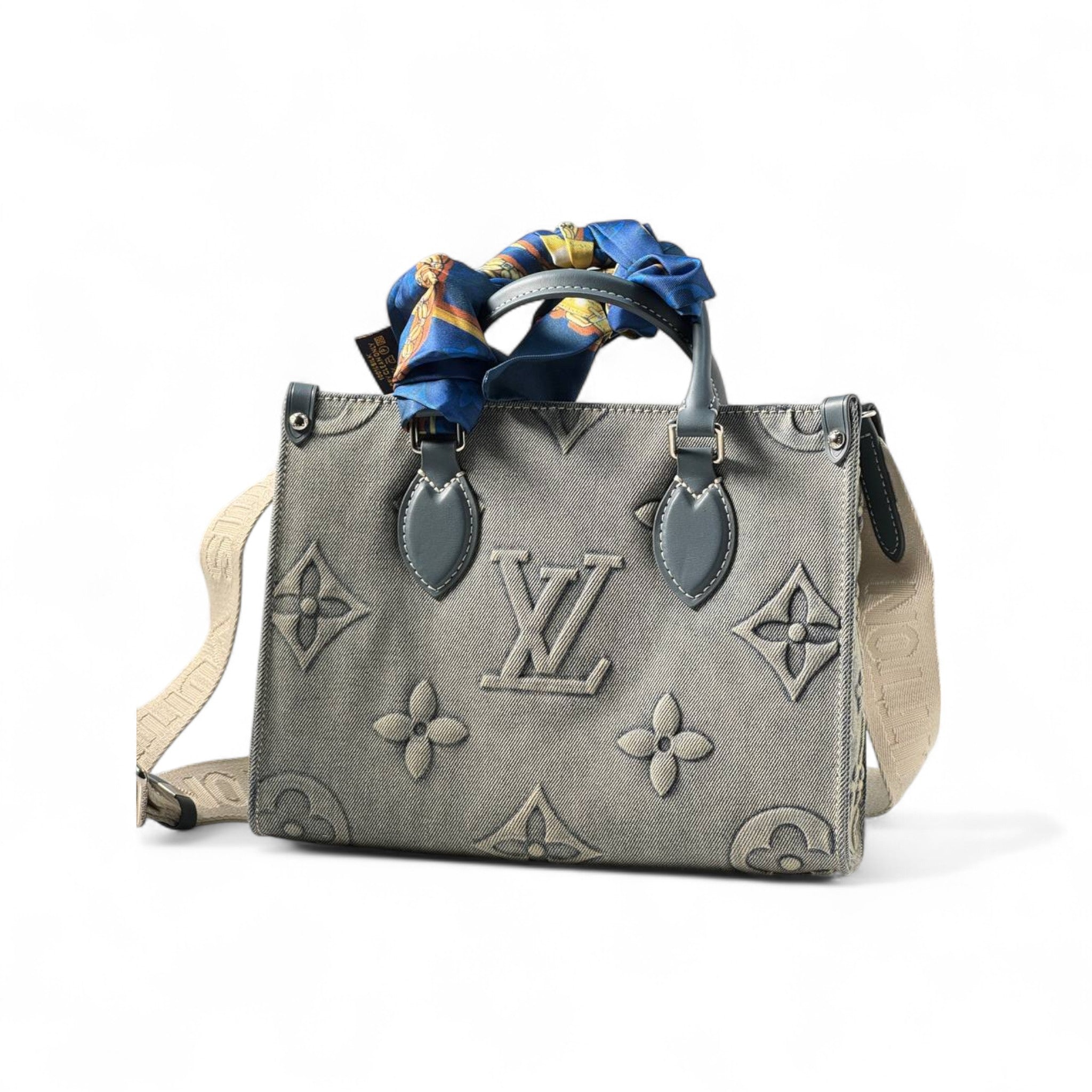 Louis Vuitton Monogram Denim Tote – Beige with Scarf & Champs-Élysées Charm 🧵🎀