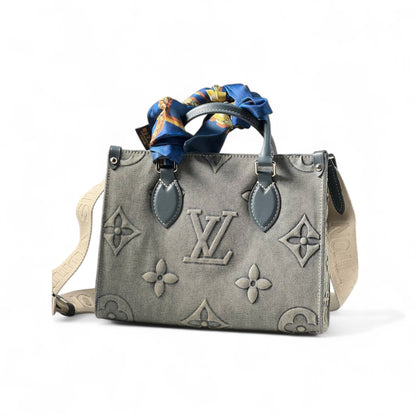 Louis Vuitton Monogram Denim Tote – Beige with Scarf & Champs-Élysées Charm 🧵🎀