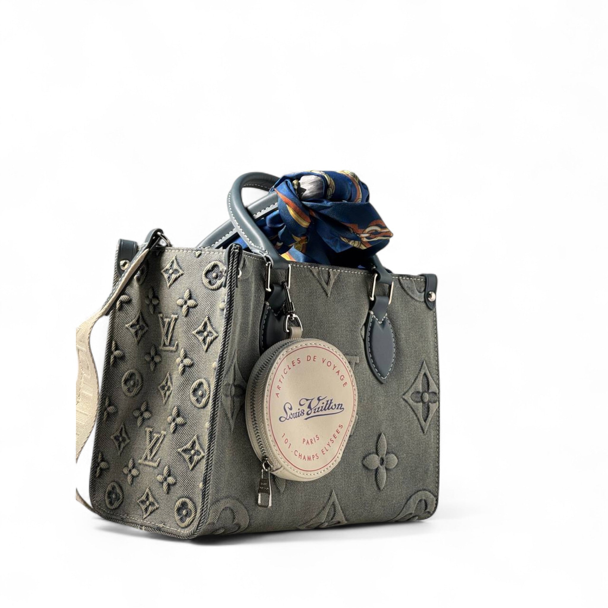 Louis Vuitton Monogram Denim Tote – Beige with Scarf & Champs-Élysées Charm 🧵🎀
