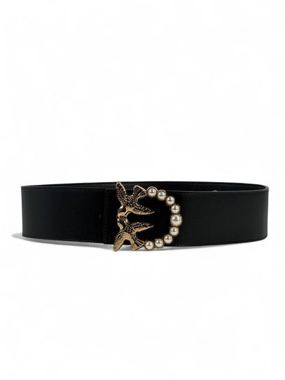 🖤 Pinko Pearl & Swallow Buckle Belt – Black Leather Luxury Accessory (125cm)
