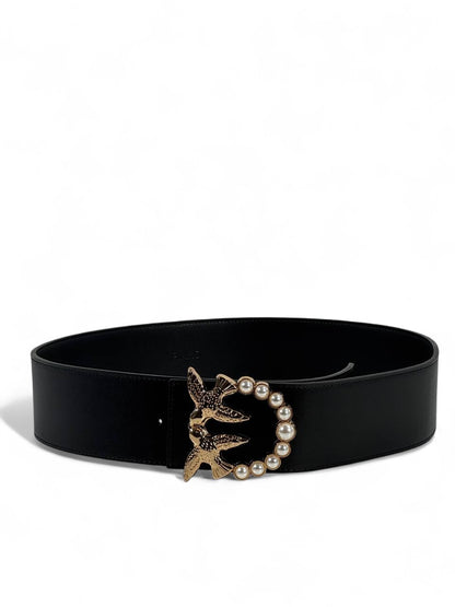 🖤 Pinko Pearl & Swallow Buckle Belt – Black Leather Luxury Accessory (125cm)