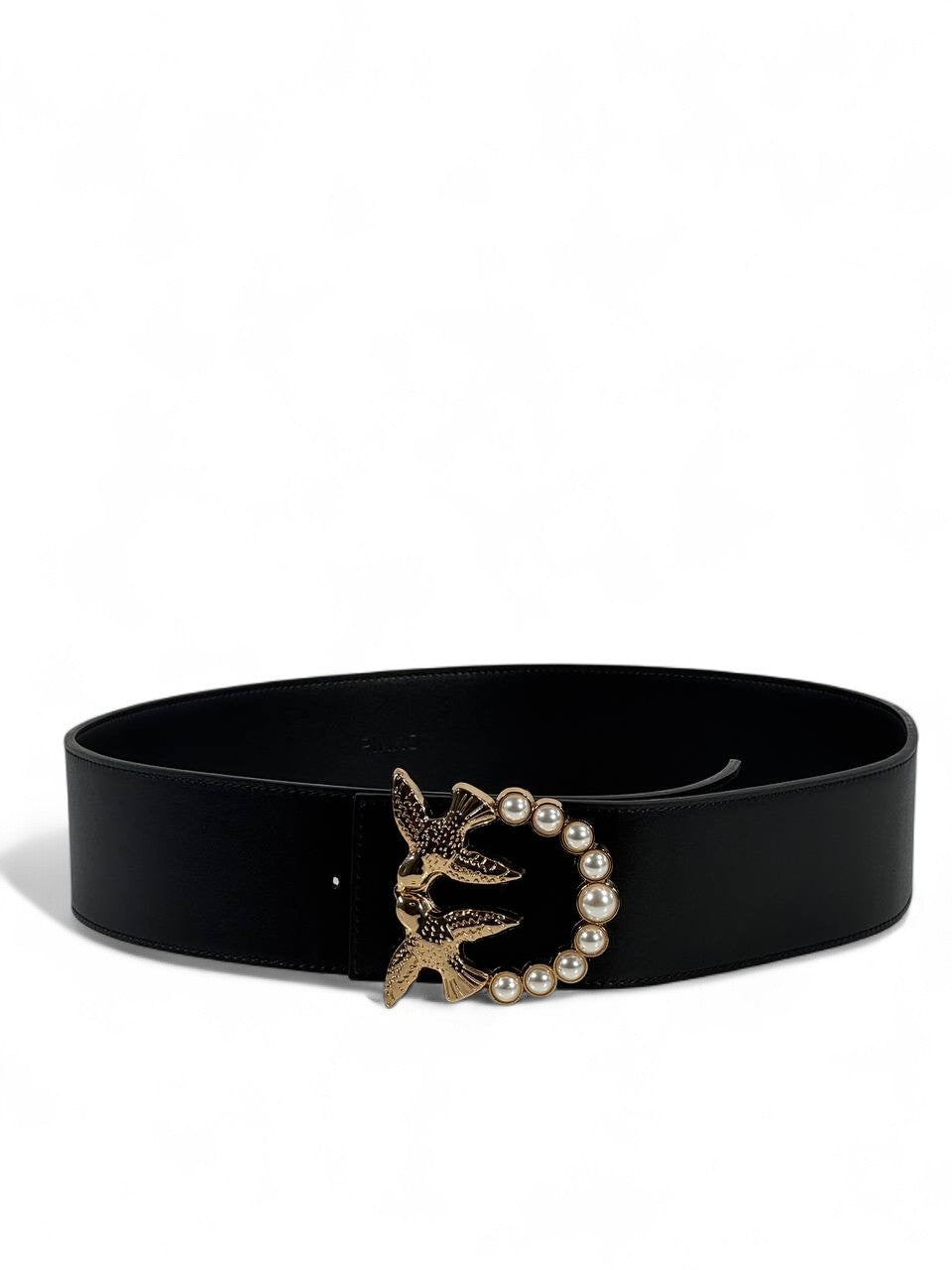 🖤 Pinko Pearl & Swallow Buckle Belt – Black Leather Luxury Accessory (125cm)