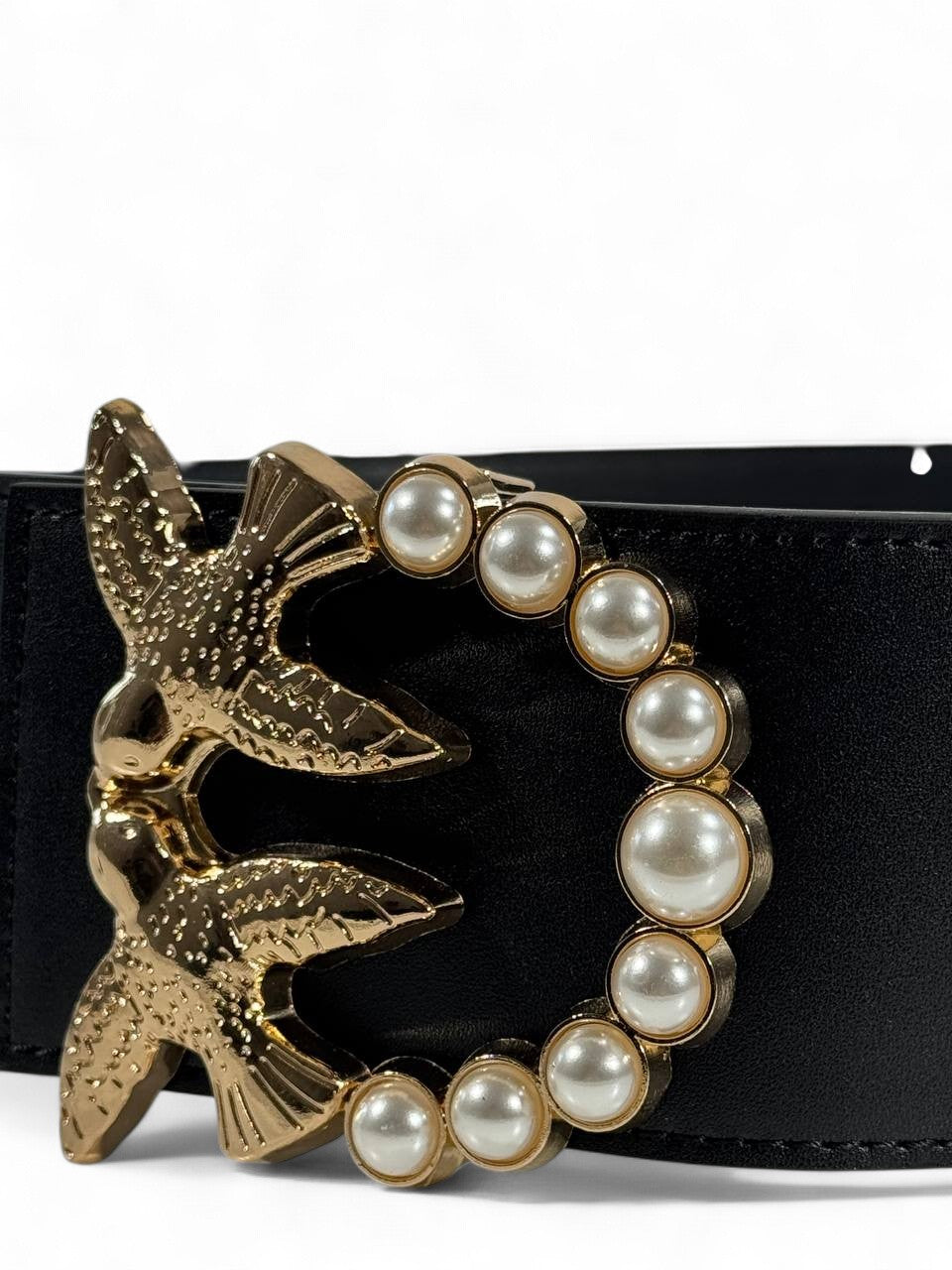 🖤 Pinko Pearl & Swallow Buckle Belt – Black Leather Luxury Accessory (125cm)