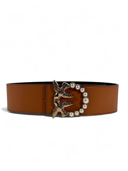 🤎 Pinko Pearl & Swallow Buckle Belt – Brown Leather Luxury Accessory (110cm)