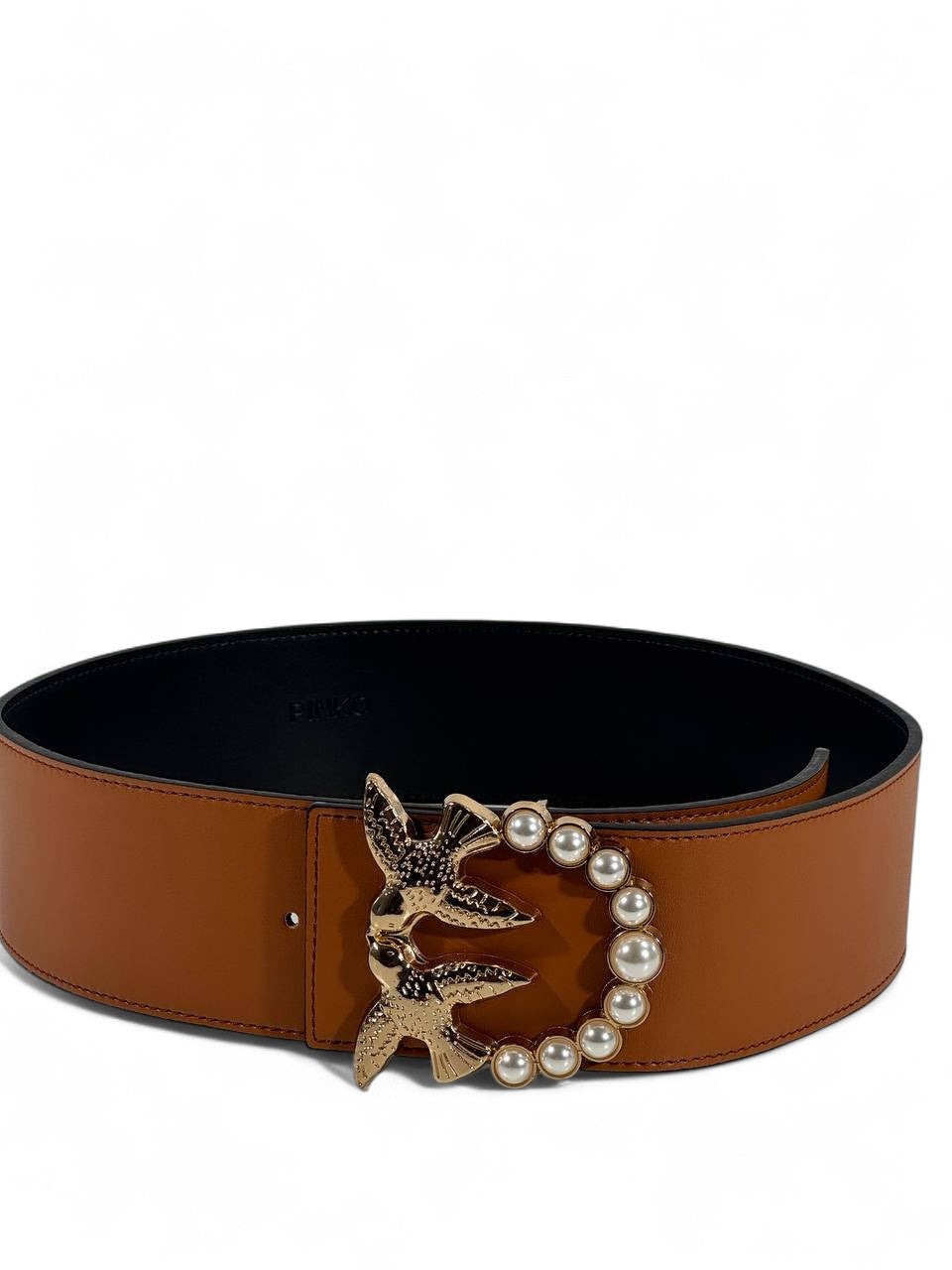🤎 Pinko Pearl & Swallow Buckle Belt – Brown Leather Luxury Accessory (110cm)