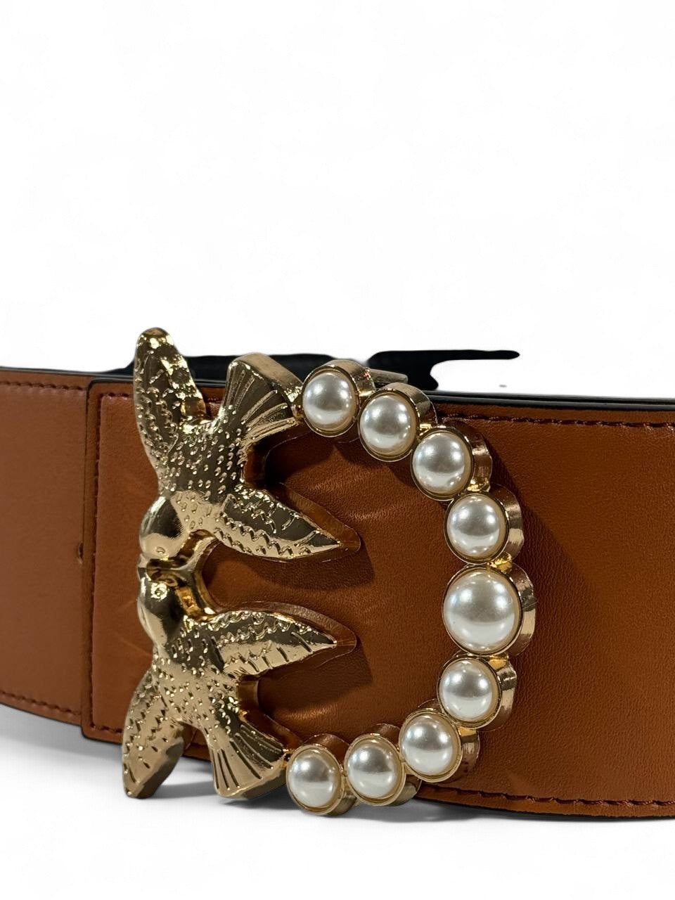 🤎 Pinko Pearl & Swallow Buckle Belt – Brown Leather Luxury Accessory (110cm)