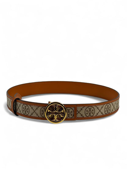 🤎 Tory Burch Monogram Canvas & Leather Belt – Signature Logo Buckle (105cm)
